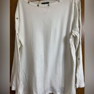 Alfani white sweater with bell sleeves split with silver tabs going up sleeve